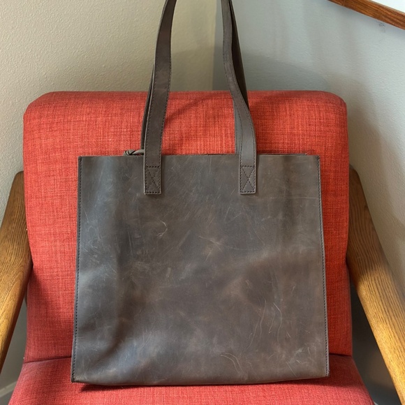 KIKO BROWN LEATHER TOTE BAG LARGE RAW EDGE LIGHTWEIGHT - Picture 2 of 2